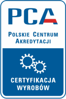 Certificate from PCA (Polskie Centrum Akredytacji) showing product certification with blue and white design featuring gear icons and official Polish accreditation body branding